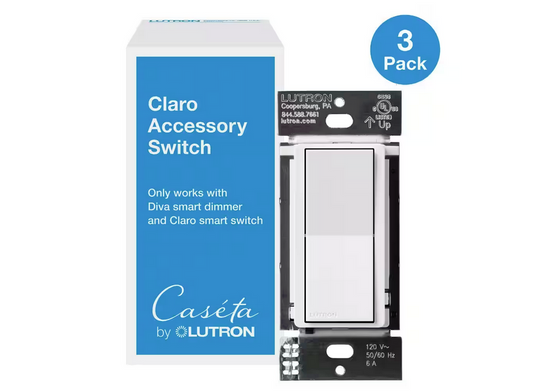 Claro Smart Accessory Switch, only for use with Diva Smart Dimmer/Claro Smart Switch, White (DVRF-AS-WH-3) (3-Pack) - 91009599043