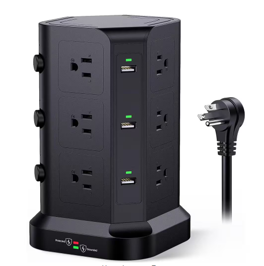 6.5 ft. Extension Cord, Surge Protector Power Strip Tower - 12 AC Outlets & 6 USB Ports, Heavy-Duty Extension - Black - 91010577734