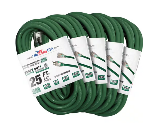 25 ft. 14-Gauge/3-Conductors SJTW 15 Amp Indoor/Outdoor Extension Cord with Lighted End Green (5-Pack) - 91012243732