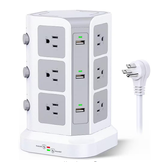 6.5 ft. Flat Plug Extension Cord, Surge Protector Power Strip Tower - 12 AC Outlets & 6 USB Ports, Heavy Duty, - White - 91010577756