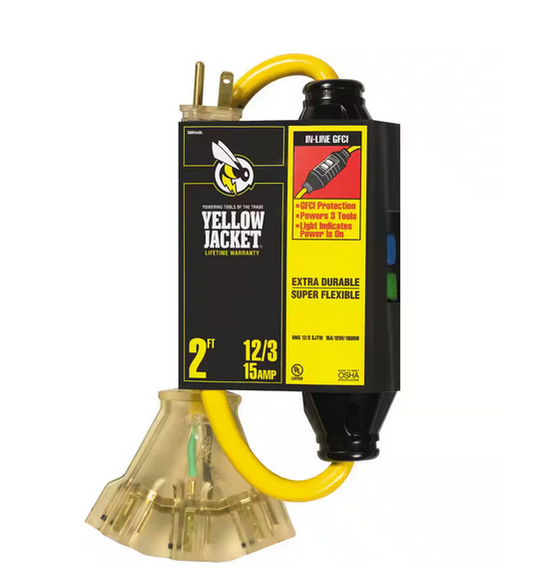 2 ft. 12/3 SJTW In-Line GFCI Heavy-Duty Cord with Multi-Outlet (3) Power Light Block - 91000496844