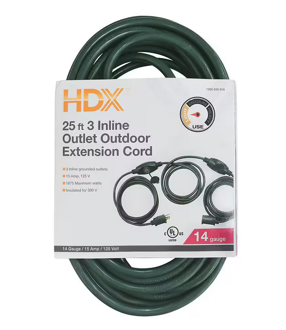 25 ft. 14/3 3 Outlet Extension Cord, Green - 91000045916