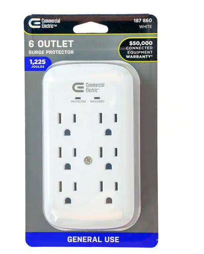 6-Outlet Wall Mounted Surge Protector, White - 9187860