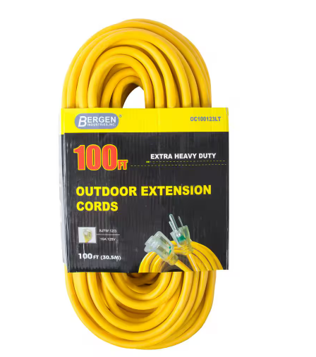 100 ft. 12/3 SJTW 15 Amp/125-Volt Outdoor Single Receptacle Extension Cord, Yellow - 91003062680