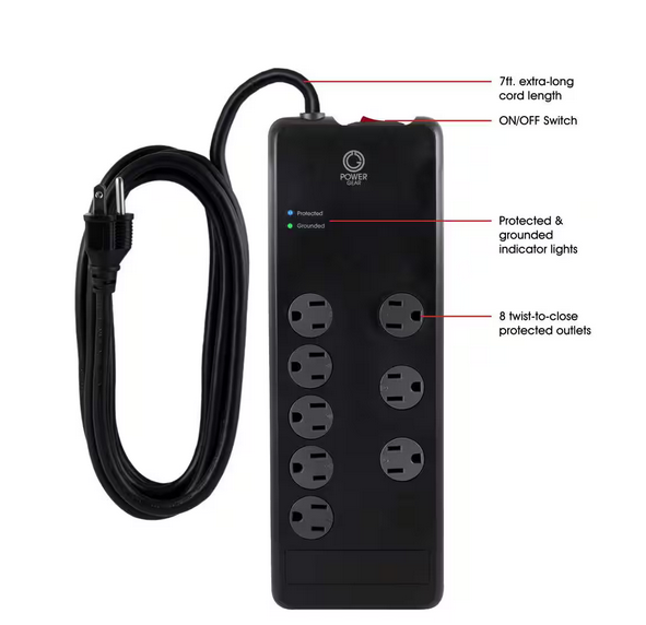 7 ft. 16/3 8-Outlet 2100J Surge Protector Power Strip Extension Cord, Black - 91002099995