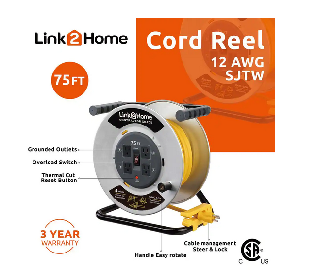 75 ft. 12/3 Extension Cord Storage Reel with 4 Grounded Outlets and Overload Circuit Breaker - 91005666095