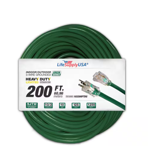 200 ft. 10/3 SJTW w/Lighted end Green Indoor/Outdoor Heavy-Duty Extra Durability 10 Amp 125V 1250-Watt Extension Cord