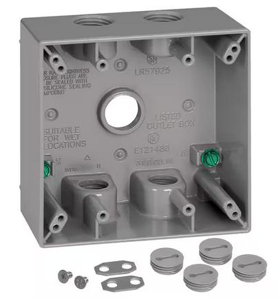 2-Gang Metal Weatherproof Electrical Outlet Box with (5) 1/2 inch Holes, Gray - 91010180478