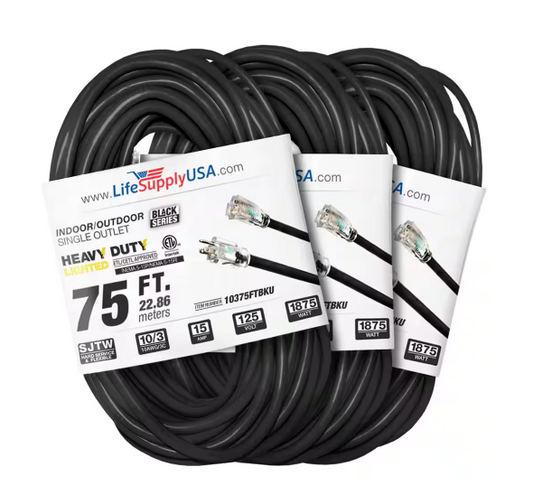 75 ft. 10 Gauge/3 Conductors SJTW Indoor/Outdoor Extension Cord with Lighted End Black (3-Pack) - 91012217839