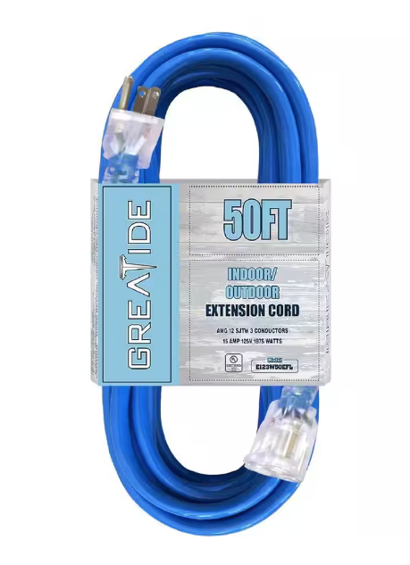 50 ft. 12/3 Heavy Duty Outdoor Extension Cord with 3 Prong Grounded Plug-15 Amps Power Cord Blue - 91010997069