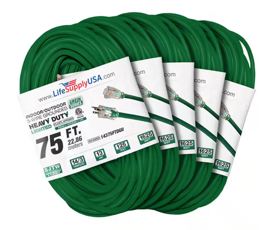 75 ft. 14-Gauge/3-Conductors SJTW 13 Amp Indoor/Outdoor Extension Cord with Lighted End Green (5-Pack) - 91012243139