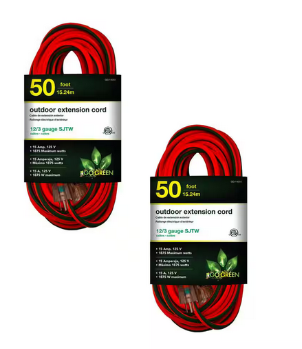 50 ft. 12/3 SJTW Outdoor Extension Cord - Orange w/Green Lighted End - (2-Pack)