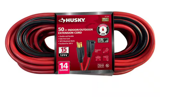 50 ft. 14/3 Medium Duty Indoor/Outdoor Extension Cord, Red/Black - 9277541