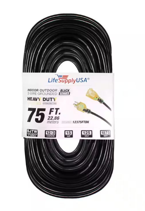 75 ft. 12/3 SJTW 15 Amp 125-Volt 1875-Watt Lighted End Indoor/Outdoor Black Heavy-Duty Extension Cord (20-Pack)