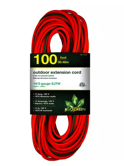 100 ft. 14/3 SJTW Outdoor Extension Cord, Orange with Lighted Green End - 91001271071