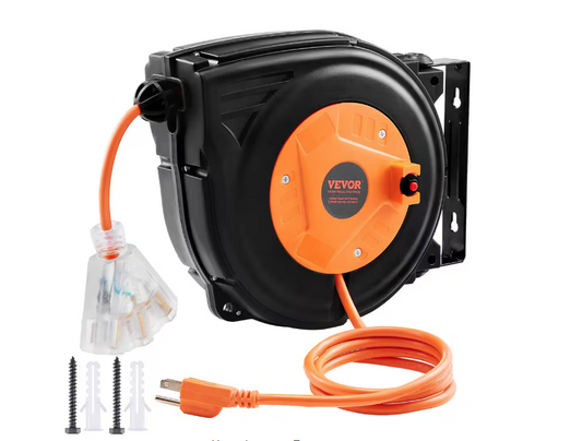 30 ft. 16 AWG/3C 10 Amp Retractable Extension Cord Reel SJTOW Power Cord with Lighted Tri-Tap end Outlet Circuit Breaker - 91010668568
