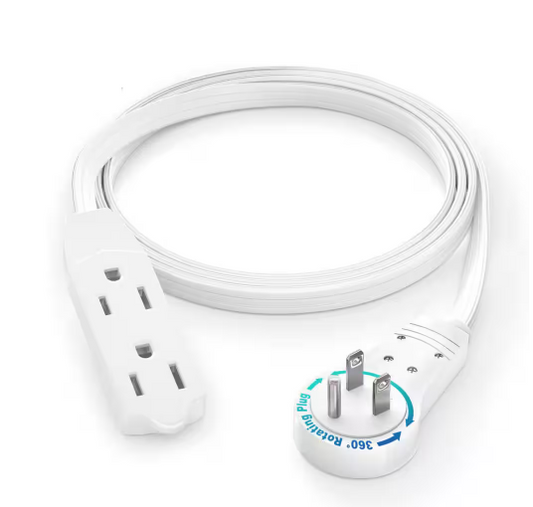 3 ft. 16/3 Light Duty Indoor Extension Cord with 360-Degree Rotating Flat Plug 3-Outlet, 13Amps, White - 91009606434