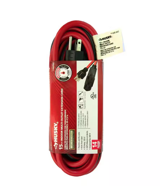 15 ft. 14/3 Medium Duty Indoor Multi-Outlet Extension Cord, Red/Black - 9448665