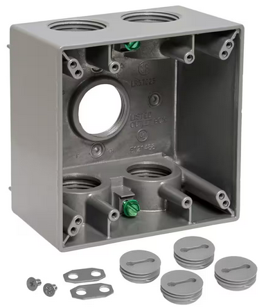 2-Gang Metal Weatherproof Deep Electrical Outlet Box with (5) 1 inch Holes, Gray - 91010180272