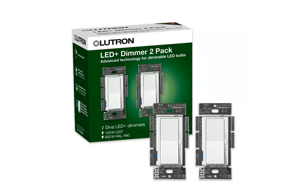 Diva LED+ Dimmer Switch for Dimmable LED Bulbs, 150-Watt/Single-Pole or 3-Way, White (DVCL-153P-WH-2) (2-Pack) - 91004156834
