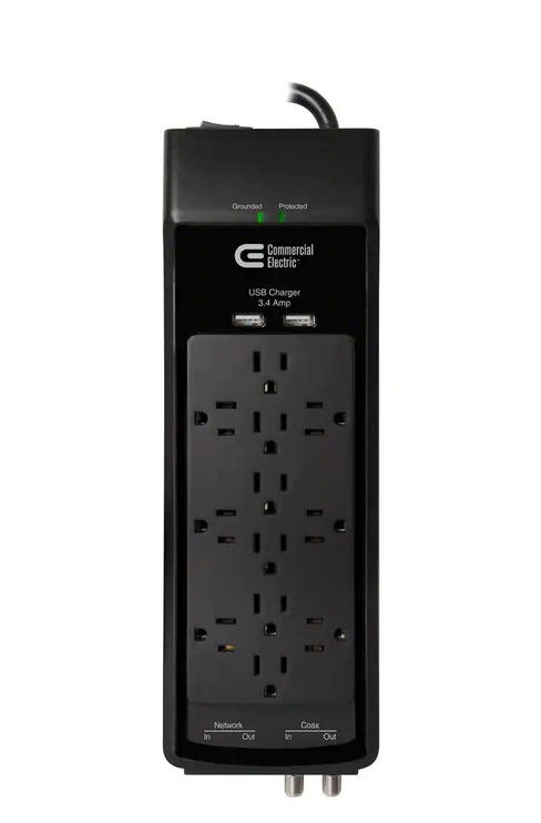 6 ft. 12-Outlet Surge Protector with Coax and USB RJ45, Black - 91001338405