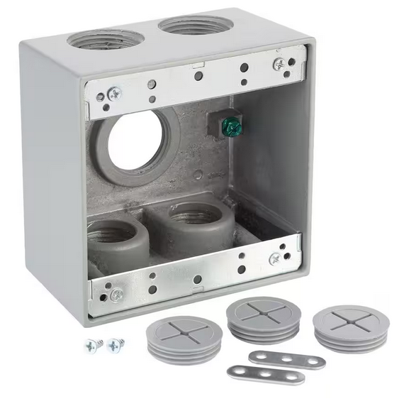 2-Gang Deep Metallic Weatherproof Box with (5) 1 in. Holes, Gray - 9574261