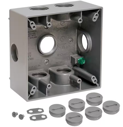 2-Gang Metal Weatherproof Side Entry Electrical Outlet Box with (7) 3/4 inch Holes, Gray - 91010180741