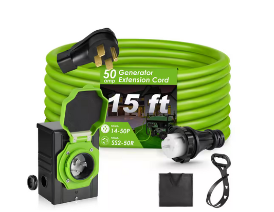 15 ft. 8/4 50 Amp Generator Extension Cord 4 Prong 125-Volt Indoor/Outdoor Extension Cord L14-50 with Lighted End, Green - 91012140273