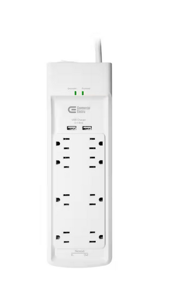 6 ft. 8-Outlet Surge Protector with USB RJ45, White - 91001338493