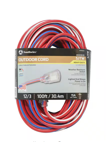 100 ft. 12/3 SJTW USA Outdoor Heavy-Duty Extension Cord with Power Light Plug - 91000993362