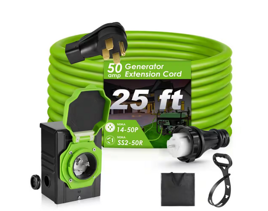 25 ft. 8/4 50 Amp Generator Extension Cord 4 Prong 125-Volt Indoor/Outdoor Extension Cord L14-50 with Lighted End, Green - 91012130866