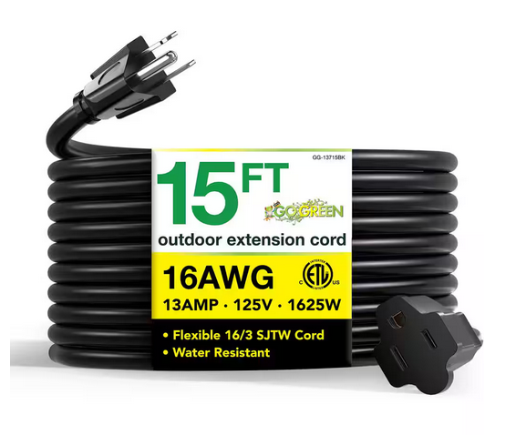 15 ft. 16/3 SJTW Outdoor Extension Cord, Black - 91001818546