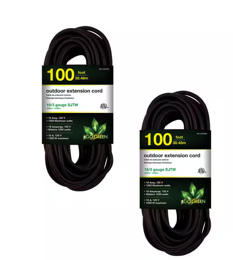 100 ft. 16/3 SJTW Outdoor Extension Cord -Black - 2-Pack