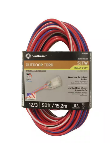 50 ft. 12/3 SJTW USA Outdoor Heavy-Duty Extension Cord with Power Light Plug