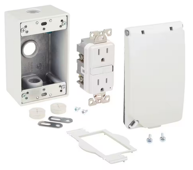 1-Gang Metal Weatherproof Electrical Box, Cover and GFCI Kit (24-in-1 Configurations), White - 91010213541