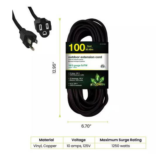 100 ft. 16/3 SJTW Outdoor Extension Cord -Black - 2-Pack