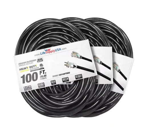 100 ft. 10 Gauge/3 Conductors SJTW Indoor/Outdoor Extension Cord with Lighted End Black (3-Pack) - 91012217964