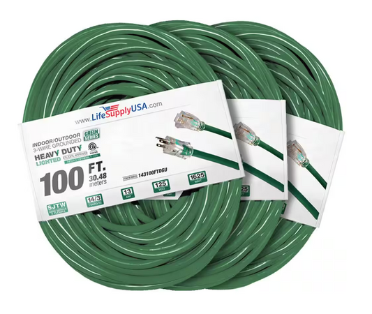 100 ft. 14-Gauge/3-Conductors SJTW 13 Amp Indoor/Outdoor Extension Cord with Lighted End Green (3-Pack) - 91012243731