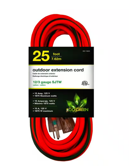 25 ft. 12/3 SJTW Extension Cord - Orange with Lighted Green End - 91001271073