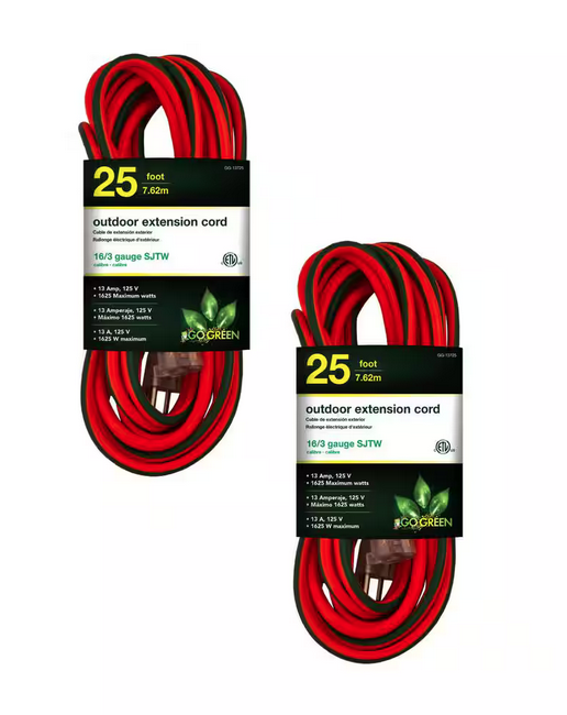 25 ft. 16/3 SJTW Outdoor Extension Cord - Orange with Green Lighted End (2-Pack)