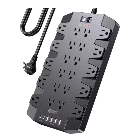 Black 14-Outlets Power Strip Surge Protector with 2 USB-C, 4 USB-A & 6.5 ft. Flat Plug Extension Cord, Wall Mount - 91012027342