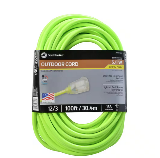100 ft. 12/3 SJTW Hi-Visibility Outdoor Heavy-Duty Extension Cord with Power Light Plug - 91002624802