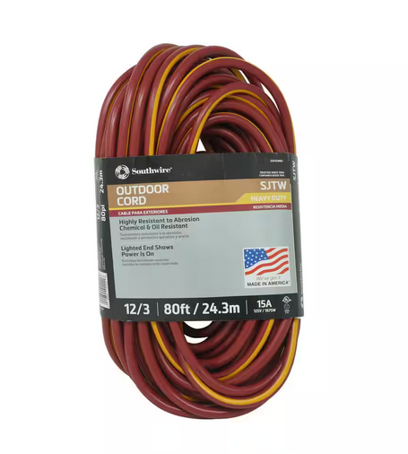 80 ft. 12/3 Burgundy/Yellow SJTW Outdoor Heavy-Duty Extension Cord with Power Light Plug - 91002697018