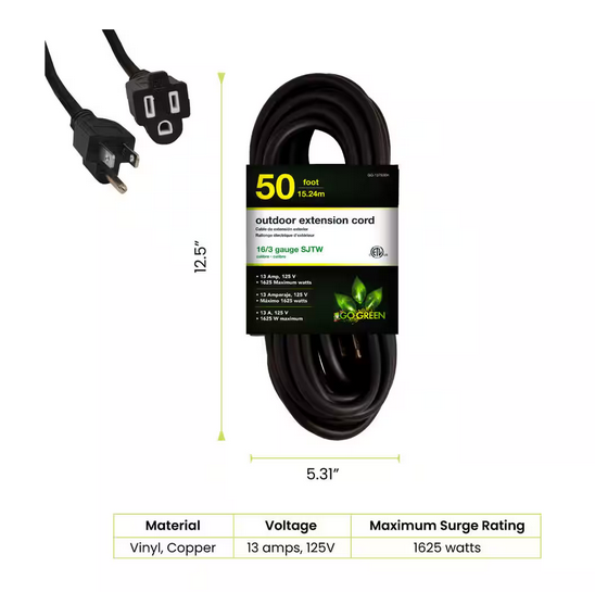 50 ft. 16/3 SJTW Outdoor Extension Cord - Black (2-Pack)