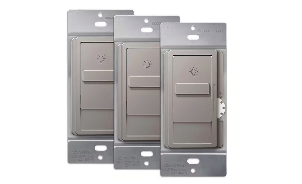 Kalide 200-Watt Single Pole Slide Dimmer Light Switch, No Neutral, Nickel (3-Pack) - 91009754073