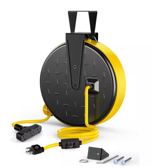 30ft. 16/3 Gauge SJTW 10Amp, Retractable Extension Cord Reel with 3- Outlets Pigtail, Circuit Breaker in Yellow - 91010997110