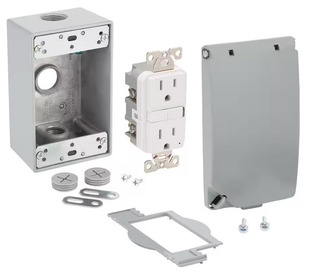 1-Gang Metal Weatherproof Electrical Box, Cover and GFCI Kit (24-in-1 Configurations), Gray - 91010213550