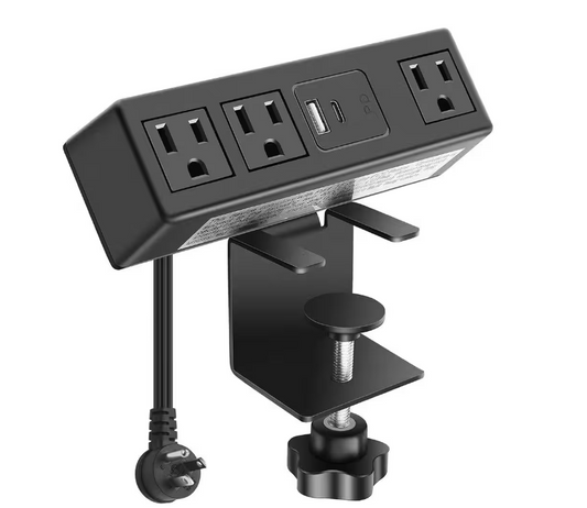 10 ft. Flat Plug Desk Clamp Power Strip with 3-Outlets 1-USB A, 3.0 Fast Charging USB C Port, in Black - 91010891065