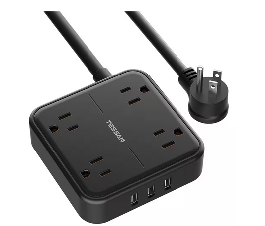 5 ft. 4 AC Outlets Flat Plug Power Strip with 3 USB Ports, Black Extension Cord Wall Mount Outlet Extender - 91010529843