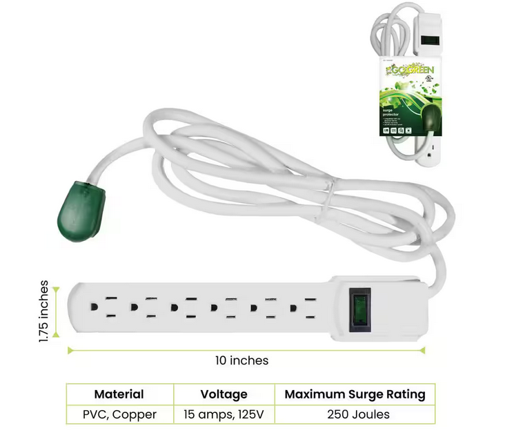 6 Outlet Surge Protector with 6 ft. Heavy Duty Cord - White - 91001069647